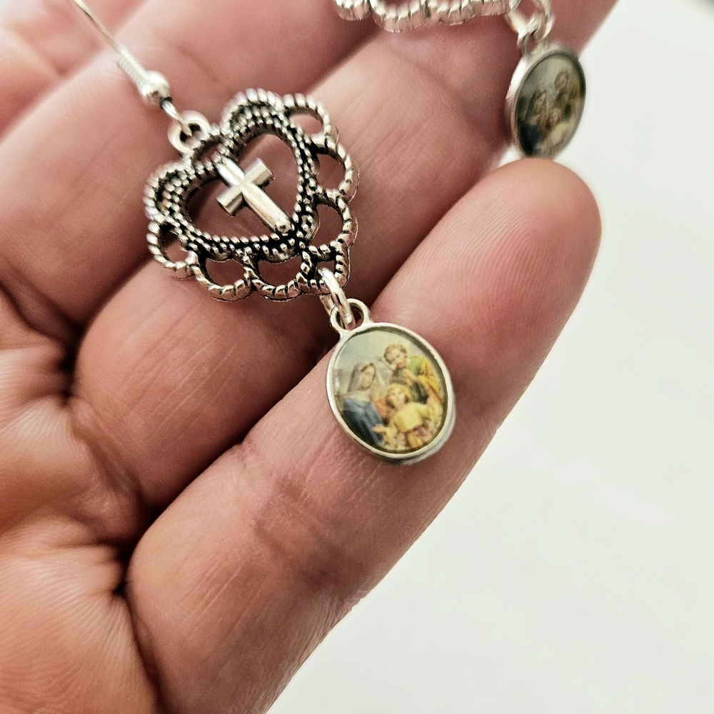 Sacred Holy Family Cross in Heart Religious Earrings, Christian Catholic Jewelry - Picture 2 of 4